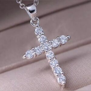 White Gold Plated Cross Diamond Pendant Necklace
